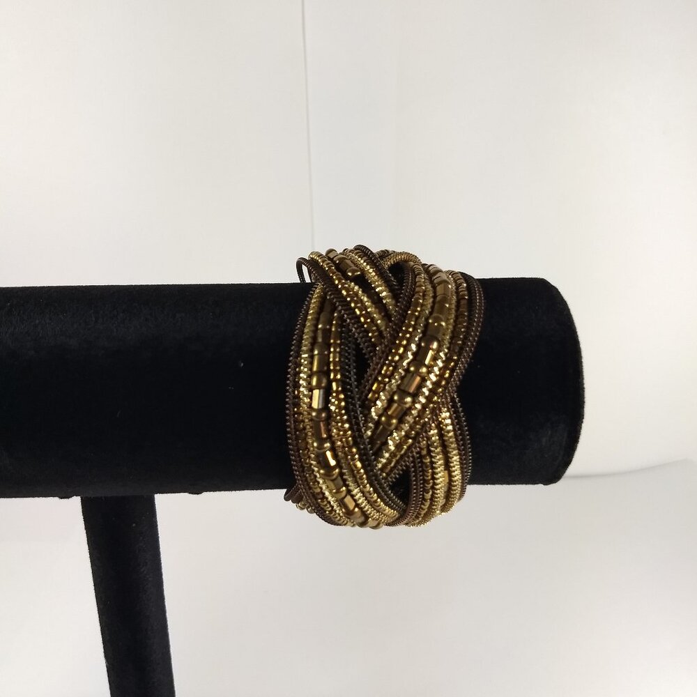 Bala Booste Woven Seed Bead Cuff Bracelet Statement Modern Beaded Gold & Brown